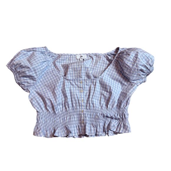 LPA Tops - NWOT LPA Brigette Blue Gingham Ruched Puff Sleeve Crop Top Size S